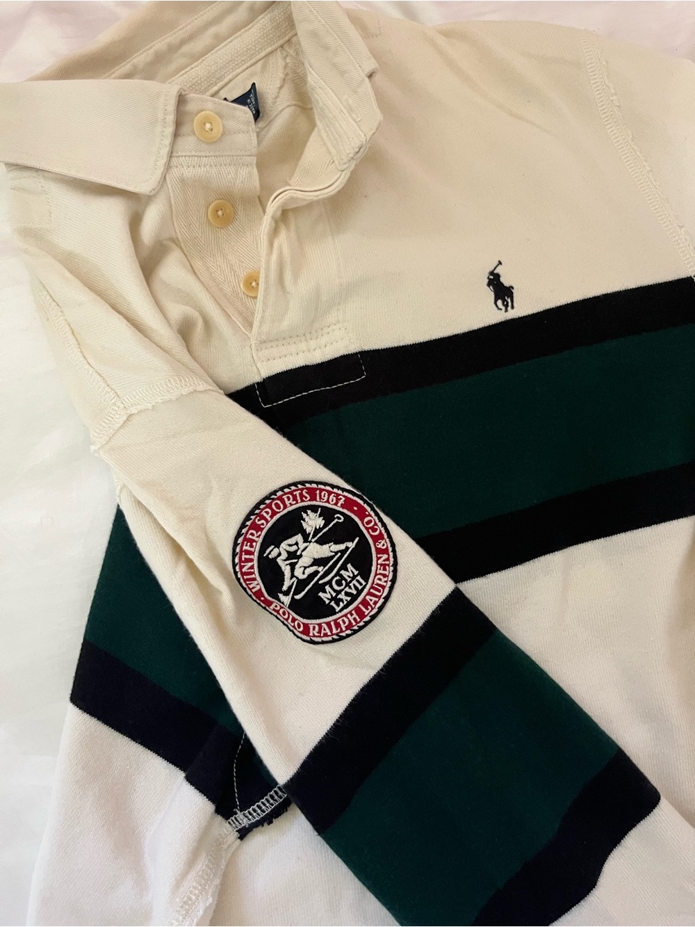Ralph Lauren Cream, Forest Green & Black Striped Rugby Polo